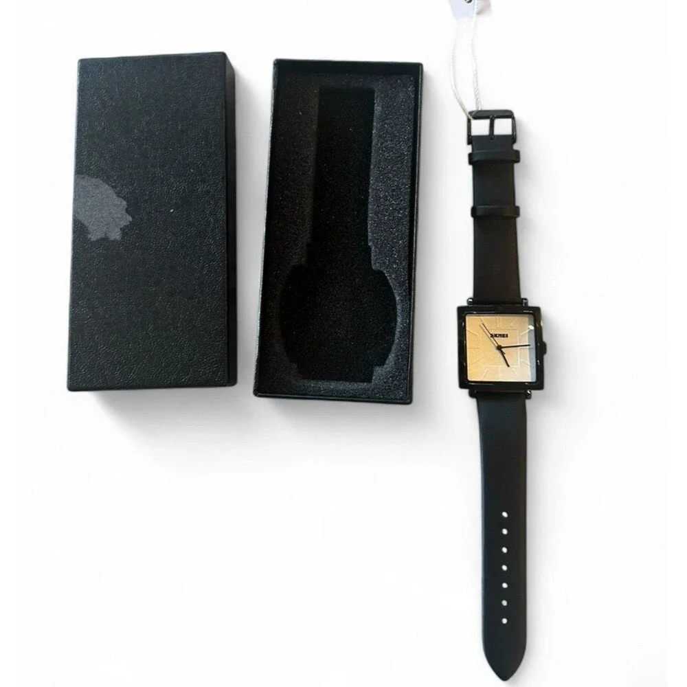 SKMEI Dress Watch Men Quartz Business Square Wristwatch 2032 Black Leather Band